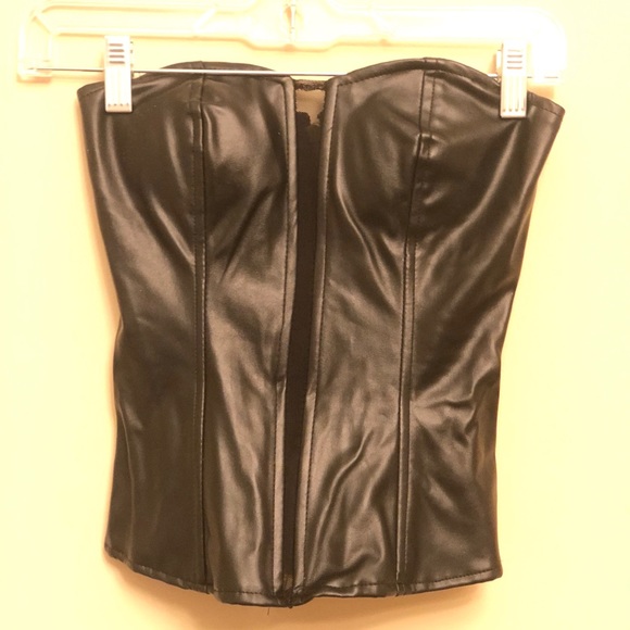 Black Leather Corset Strapless Top - Picture 1 of 4
